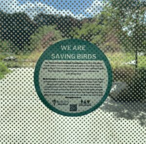 We Are Saving Birds sign on a window with bird-safe glazing dots